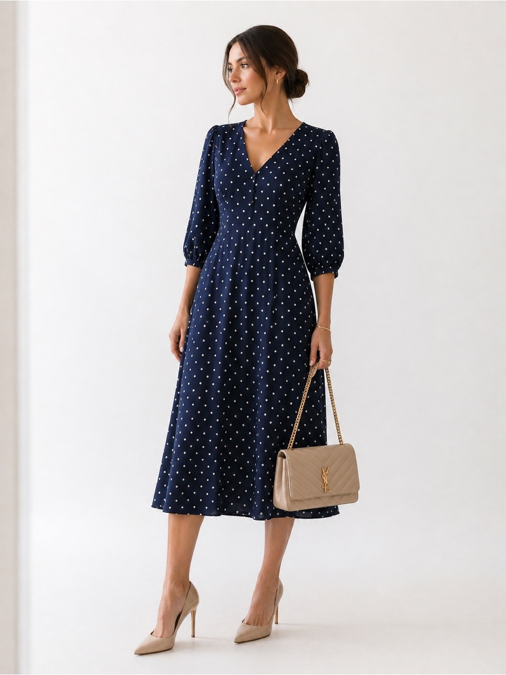 Express LadyGang Polka Dot Midi Dress Navy pocket‎ Button Front Puff Sleeve Chic